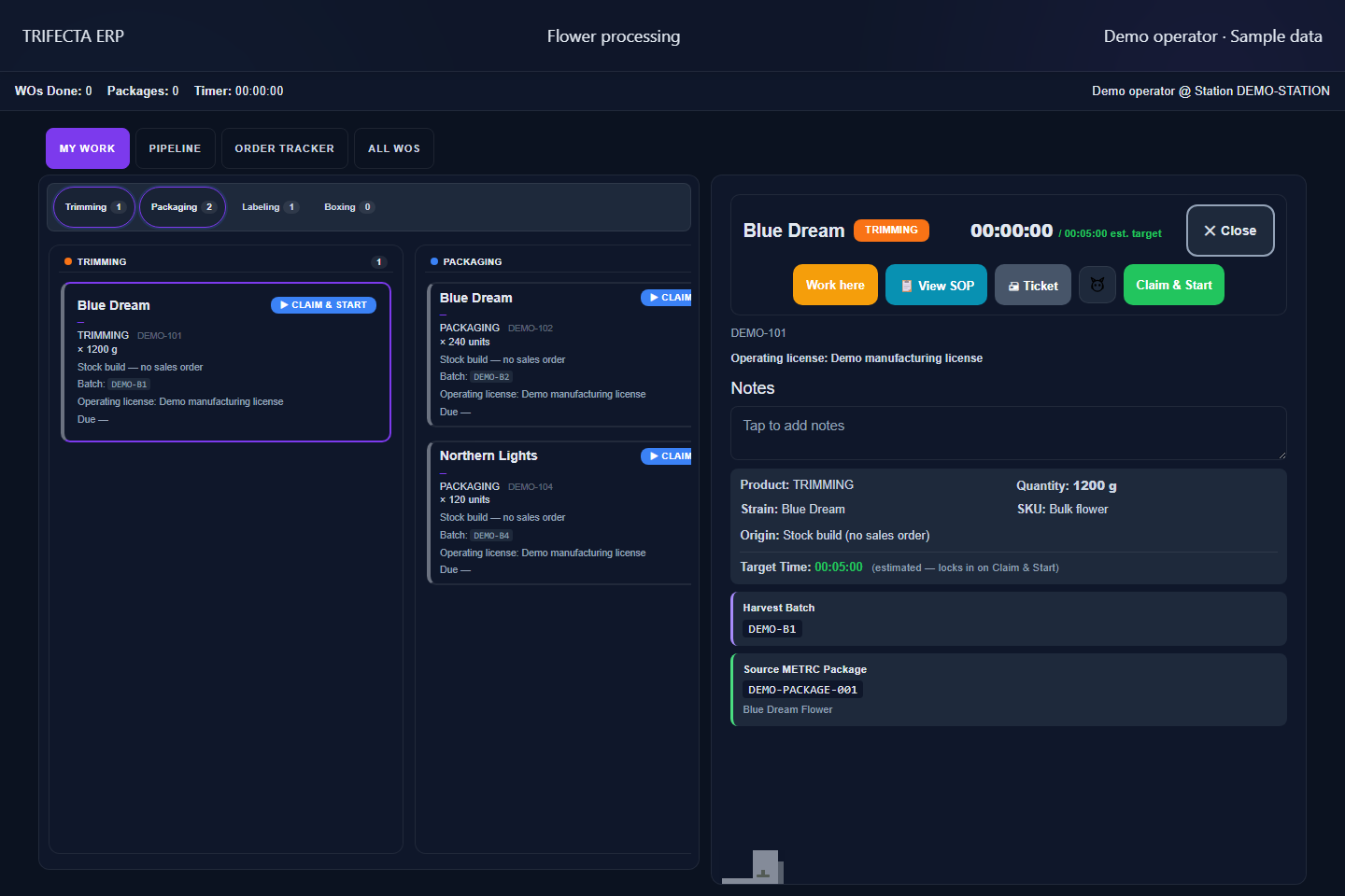 Open flower work order showing quantity, source material, operating license, timer and SOP controls using sample data